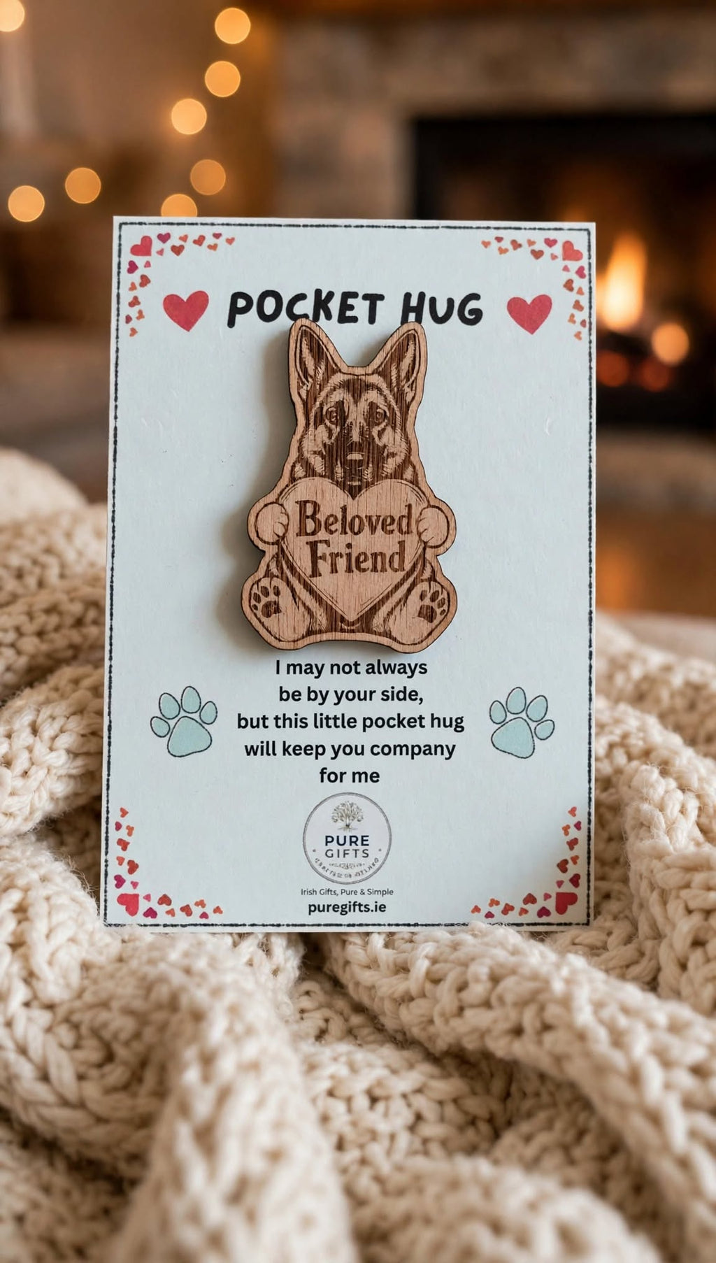 German Shepherd Pocket Hug - Beloved Friend - 50mm Laser Engraved Wooden Dog Token - GSD Keepsake Gift