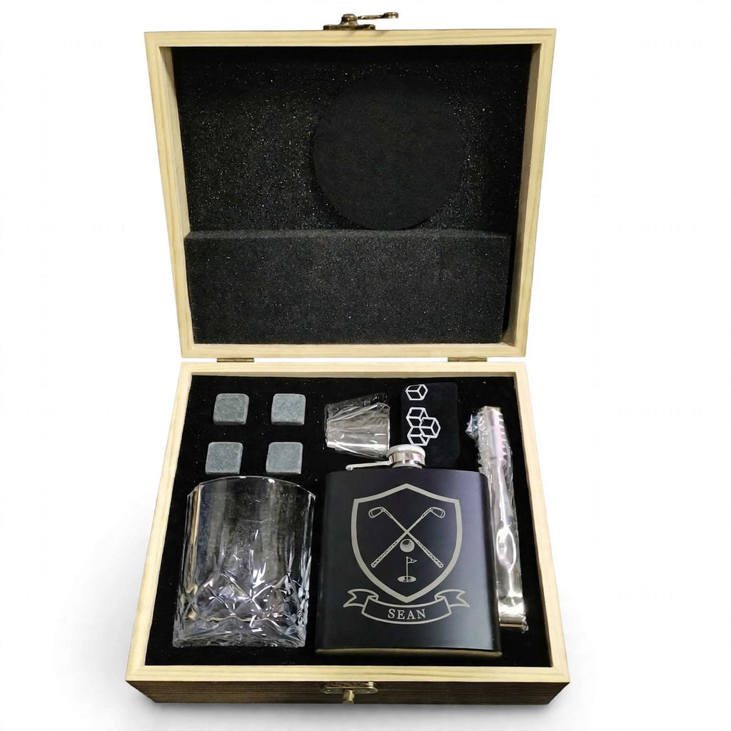 The Ultimate Personalised Golfing Gift Set. Personalised Golf Whiskey Gift Set | Custom Name Hip Flask Box | Golf Gifts for Men & Women.