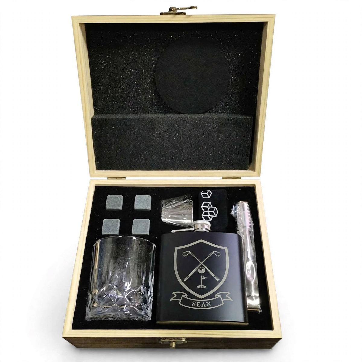 The Ultimate Personalised Golfing Gift Set. Personalised Golf Whiskey Gift Set | Custom Name Hip Flask Box | Golf Gifts for Men & Women.