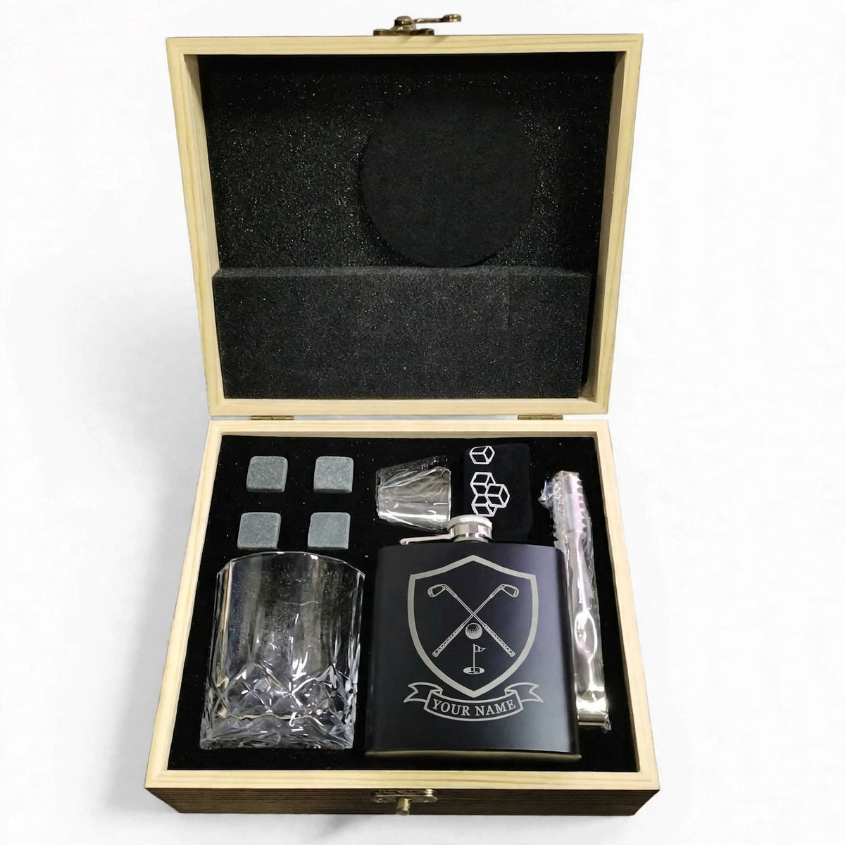 The Ultimate Personalised Golfing Gift Set. Personalised Golf Whiskey Gift Set | Custom Name Hip Flask Box | Golf Gifts for Men & Women.