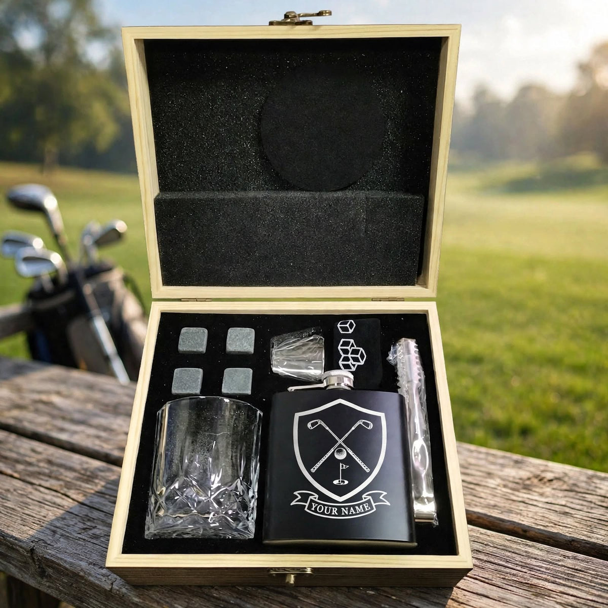 The Ultimate Personalised Golfing Gift Set. Personalised Golf Whiskey Gift Set | Custom Name Hip Flask Box | Golf Gifts for Men & Women.