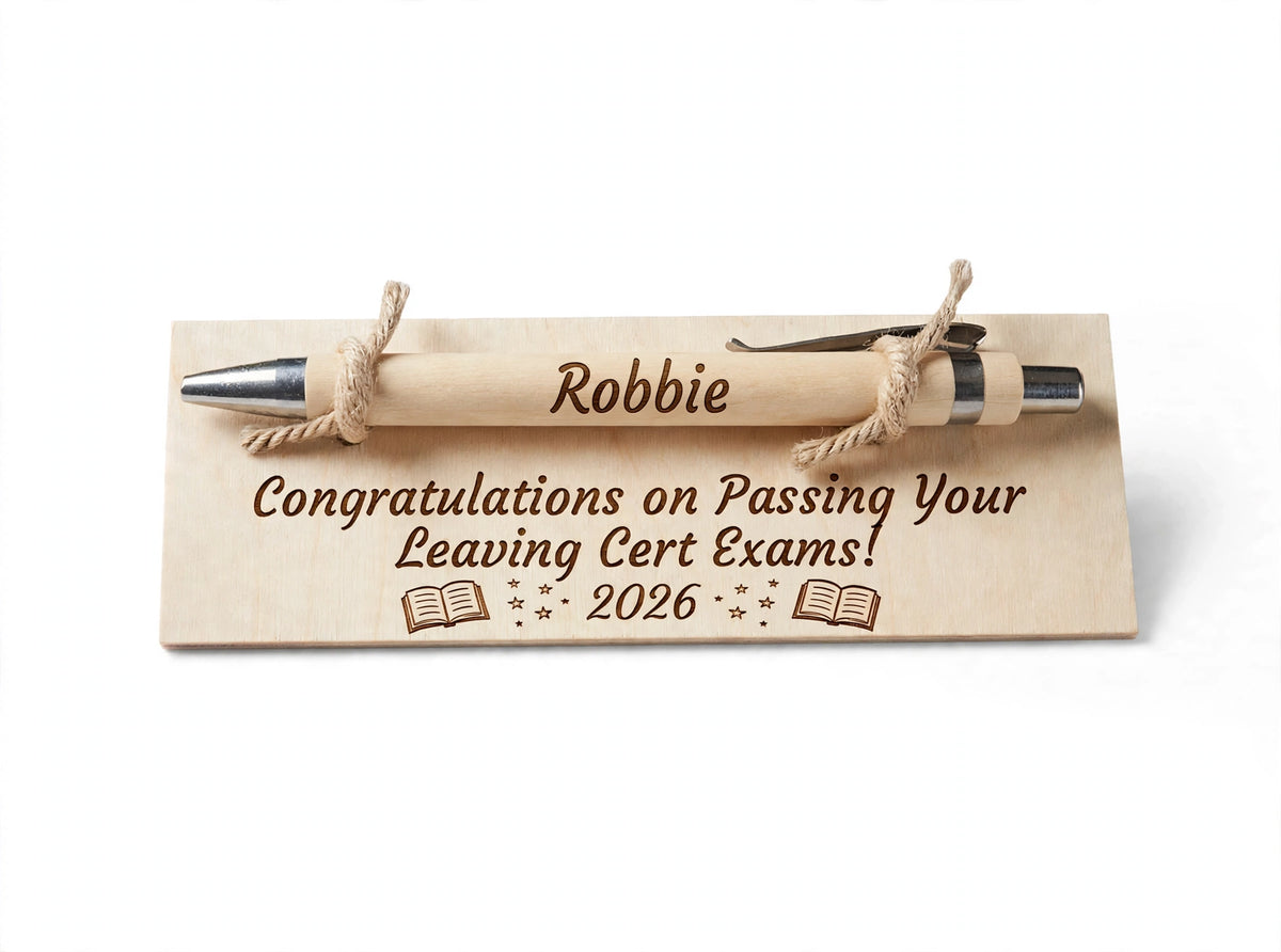 Personalised Leaving Cert Gift - Engraved Bamboo Pen & Wooden Card - Congratulations on Passing Your Leaving Cert Exams 2026