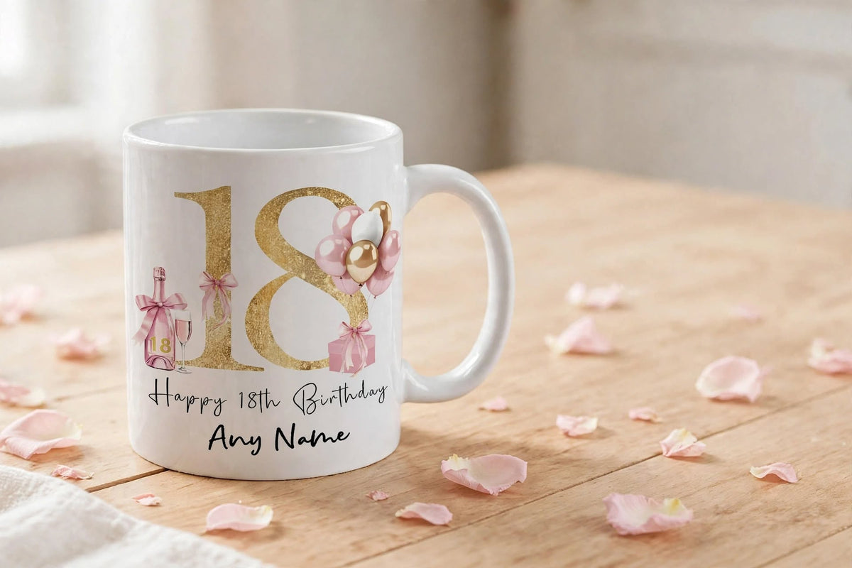 Happy 18th Birthday Personalised Mug with Any Name - Gold & Pink 18th Gift for Her - 18th Birthday Mug for Girls