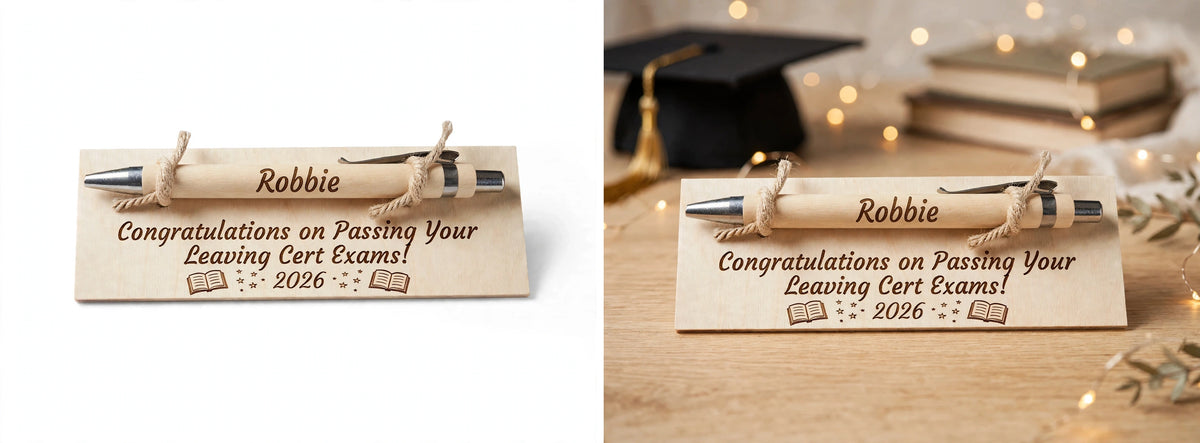 Personalised Leaving Cert Gift - Engraved Bamboo Pen & Wooden Card - Congratulations on Passing Your Leaving Cert Exams 2026