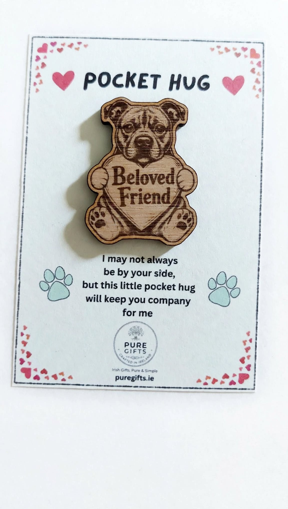 Staffordshire Bull Terrier Pocket Hug - Beloved Friend - 50mm Laser Engraved Wooden Dog Token - Staffy Keepsake Gift