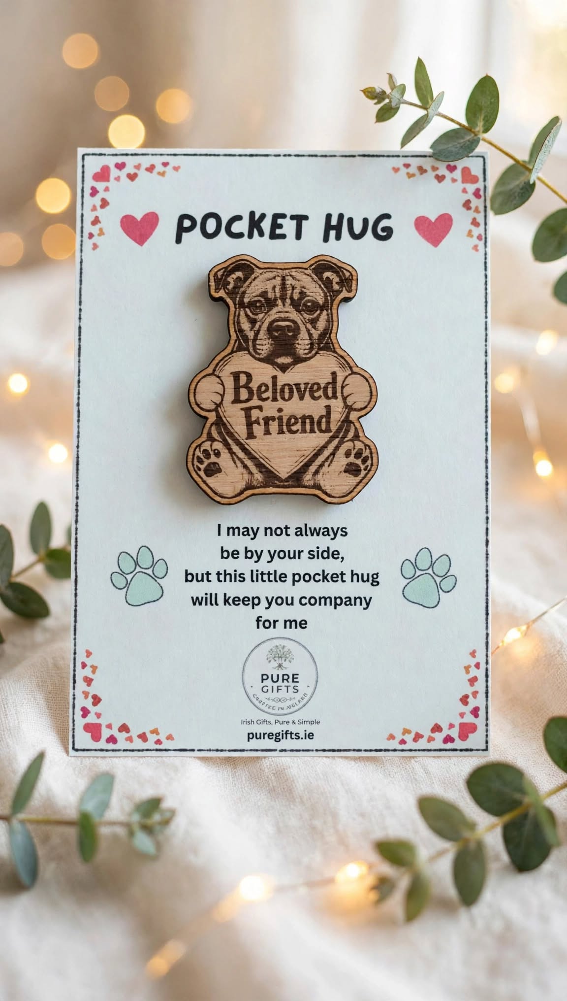 Staffordshire Bull Terrier Pocket Hug - Beloved Friend - 50mm Laser Engraved Wooden Dog Token - Staffy Keepsake Gift