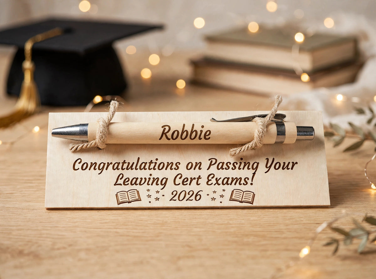 Personalised Leaving Cert Gift - Engraved Bamboo Pen & Wooden Card - Congratulations on Passing Your Leaving Cert Exams 2026