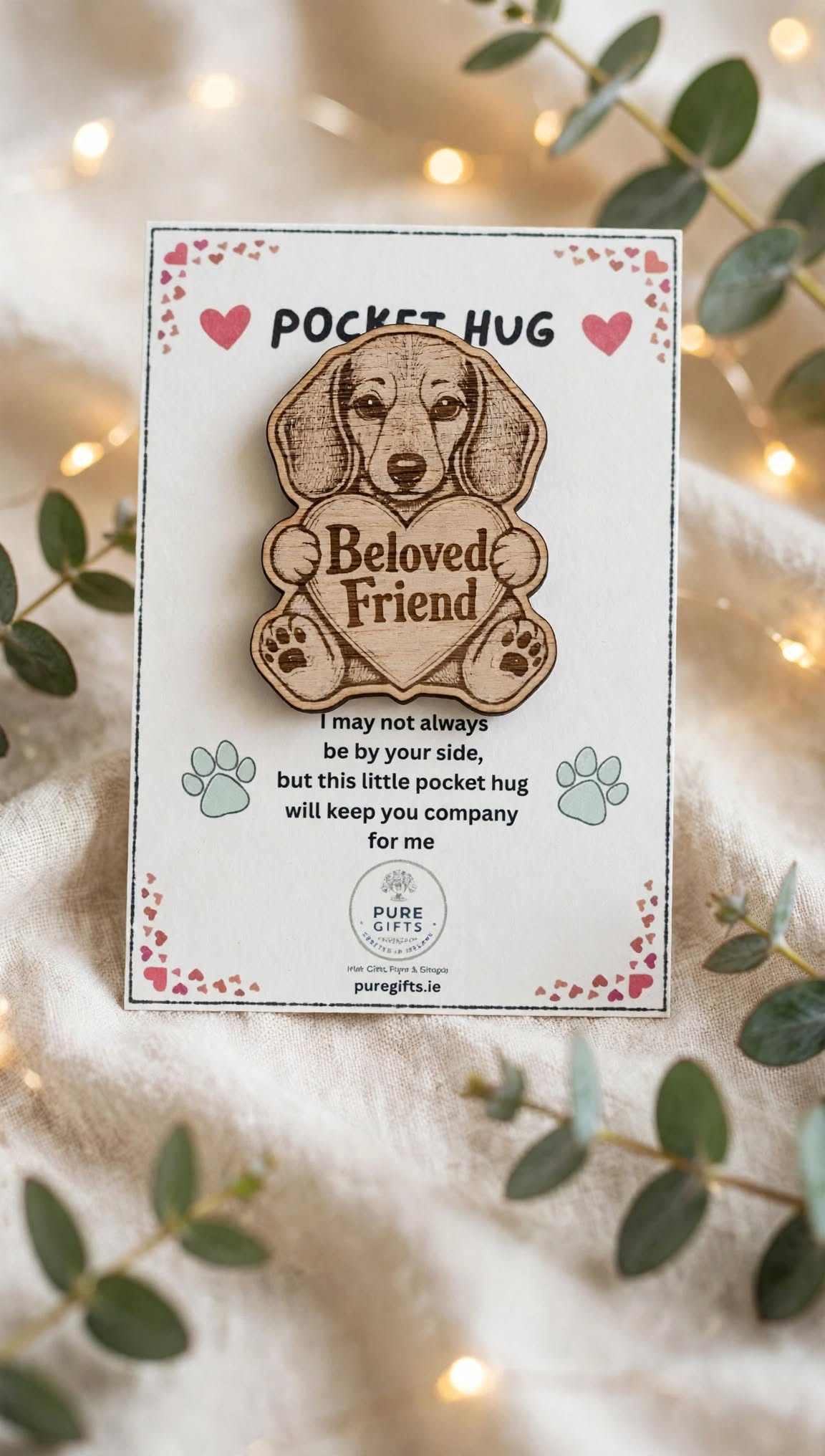 Dachshund Pocket Hug - Beloved Friend - 50mm Laser Engraved Wooden Token - Sausage Dog Keepsake