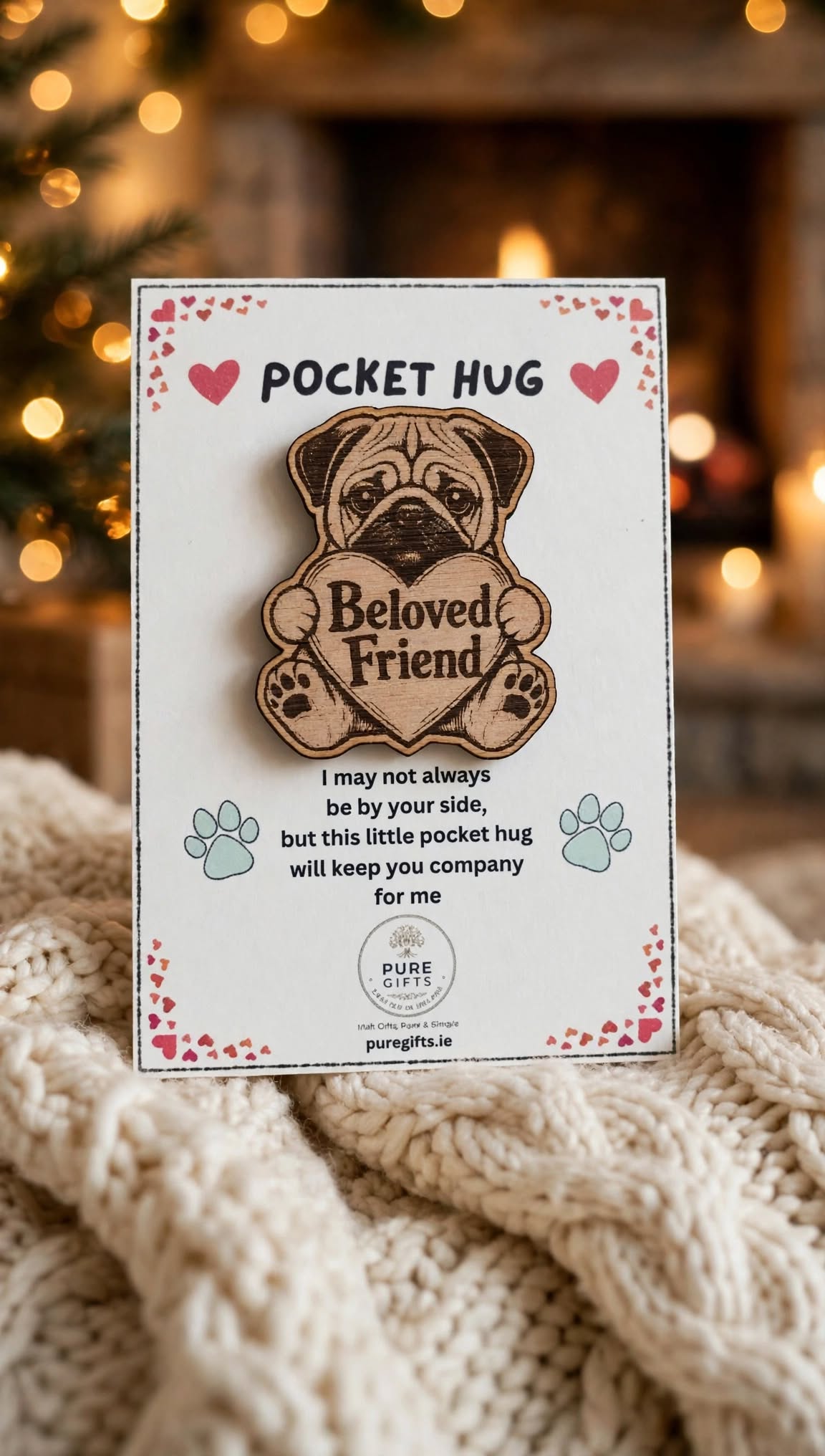 Pug Pocket Hug - Beloved Friend - 50mm Laser Engraved Wooden Dog Token - Pug Keepsake Gift