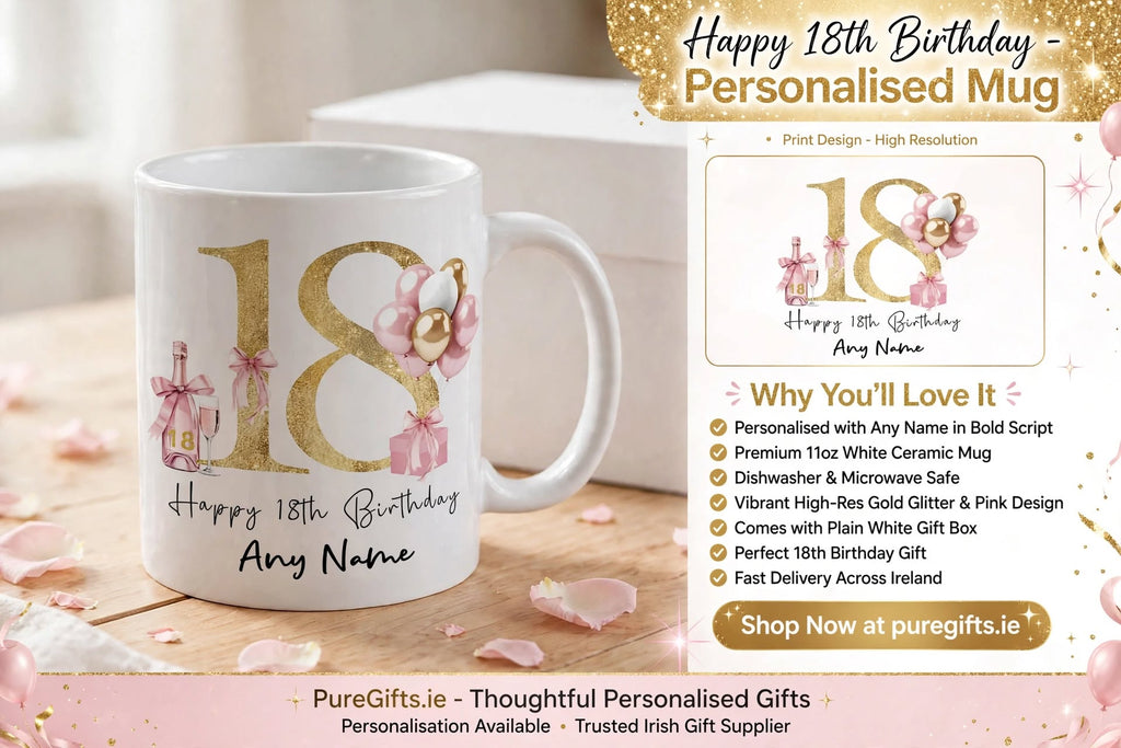 Happy 18th Birthday Personalised Mug with Any Name - Gold & Pink 18th Gift for Her - 18th Birthday Mug for Girls
