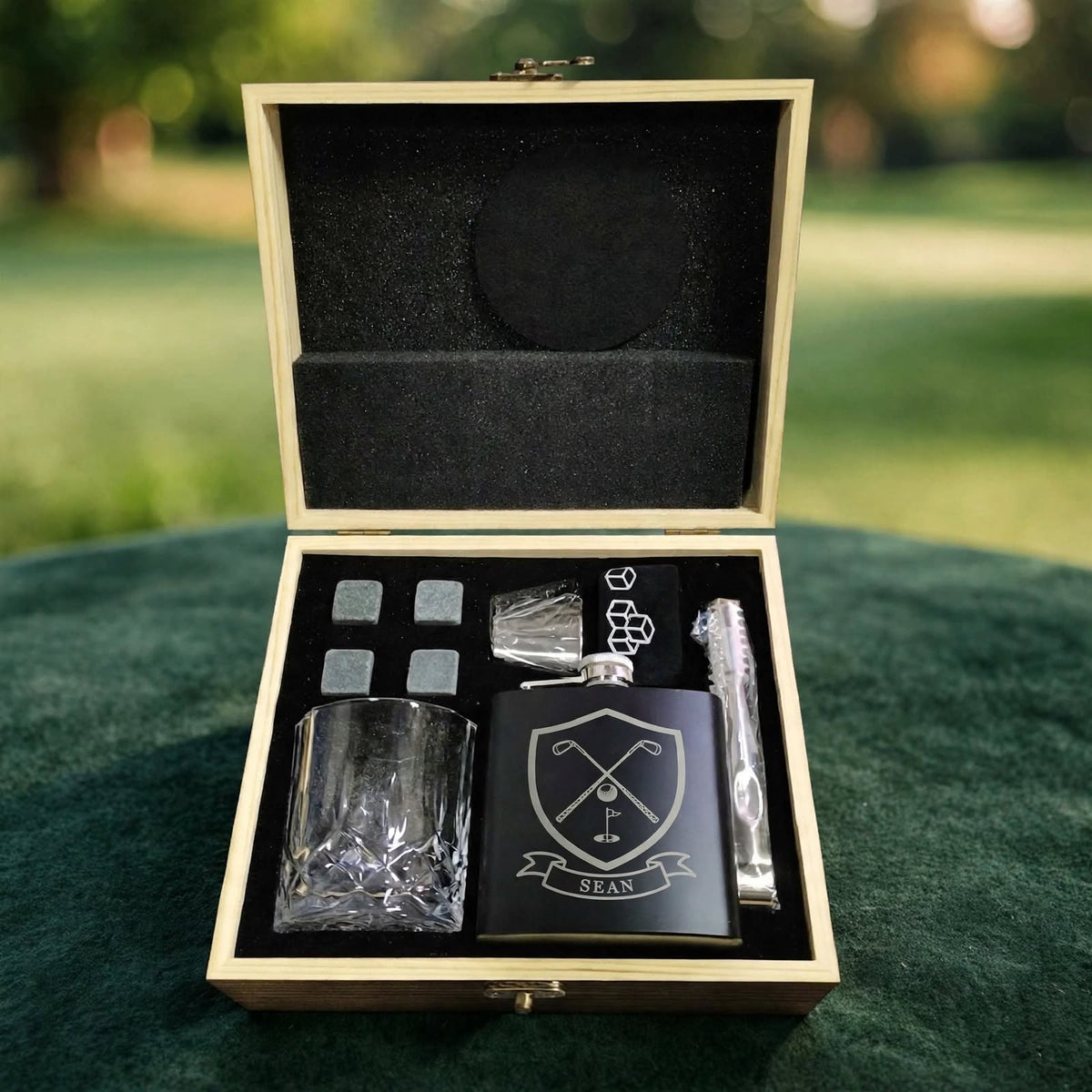 The Ultimate Personalised Golfing Gift Set. Personalised Golf Whiskey Gift Set | Custom Name Hip Flask Box | Golf Gifts for Men & Women.