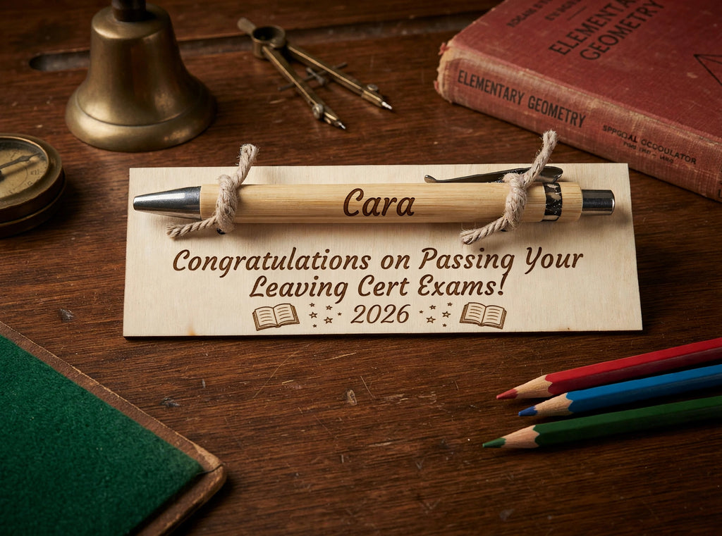 Personalised Leaving Cert Gift - Engraved Bamboo Pen & Wooden Card - Congratulations on Passing Your Leaving Cert Exams 2026