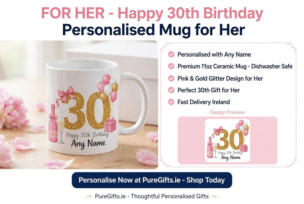 Happy 30th Birthday Personalised Mug for Her with Any Name | Pink & Gold Glitter 30th Birthday Gift for Her | 11oz