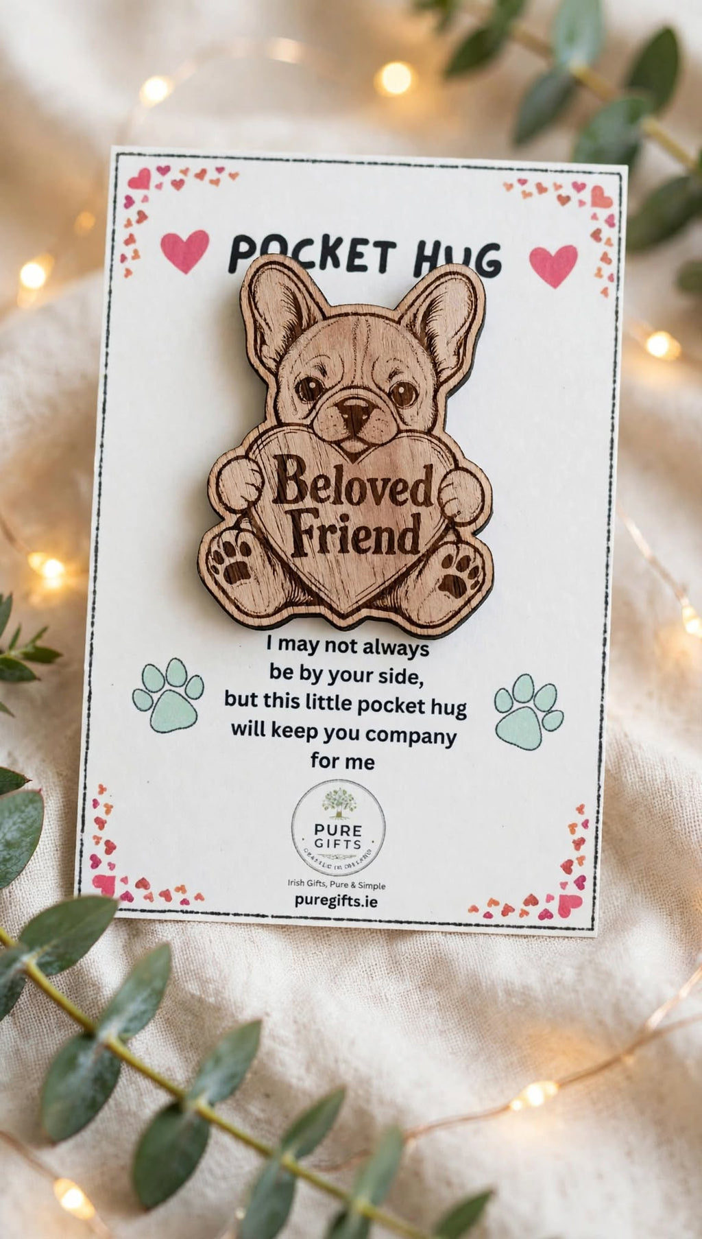 French Bulldog Pocket Hug - Beloved Friend - 50mm Laser Engraved Wooden Dog Token - Frenchie Keepsake Gift