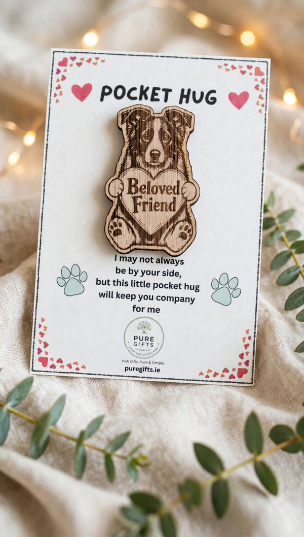 Border Collie Pocket Hug - Beloved Friend - 50mm Laser Engraved Wooden Dog Token - Collie Keepsake Gift